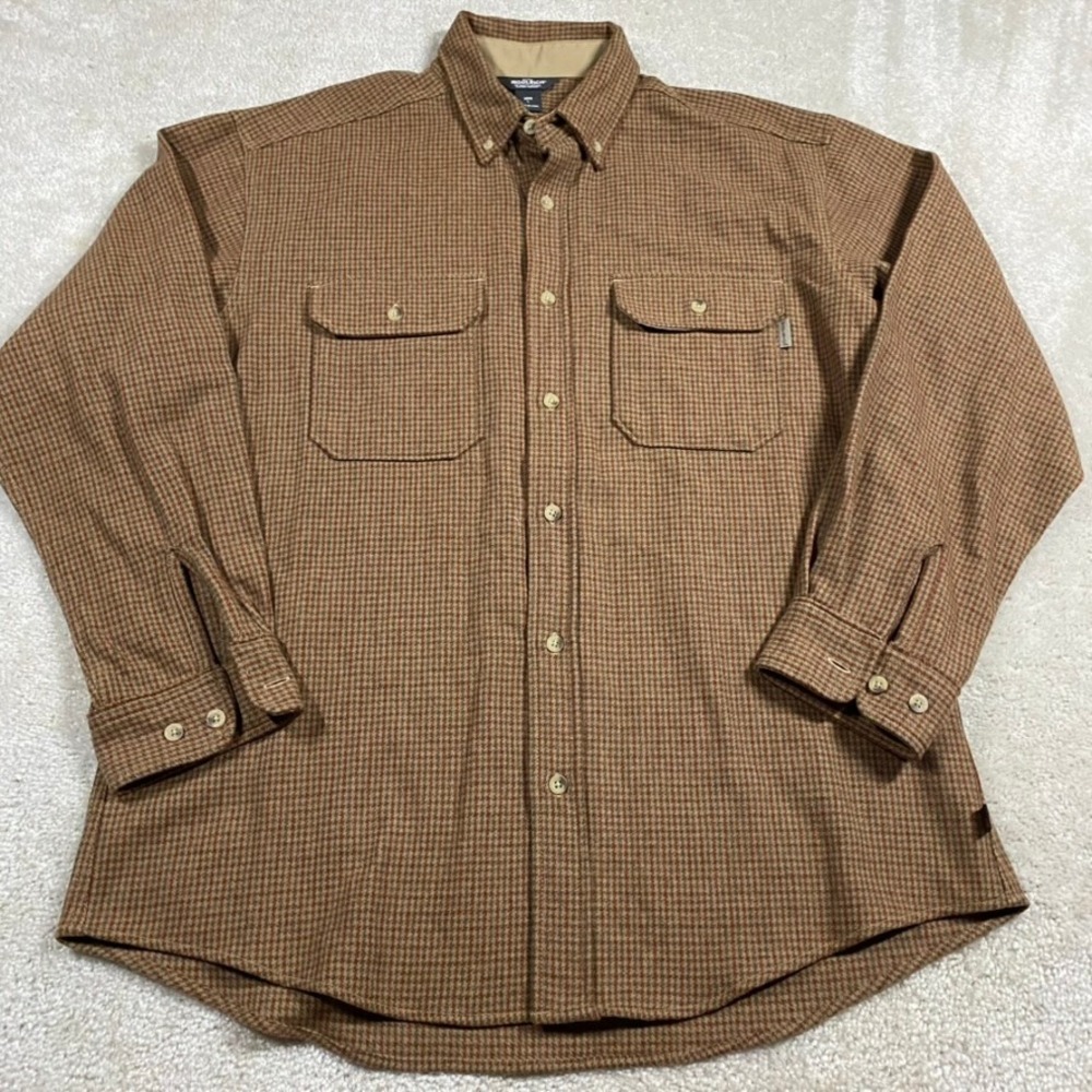 Woolrich Shirt Mens L Wool Houndstooth Flannel Tan Brown Menswear Outdoor